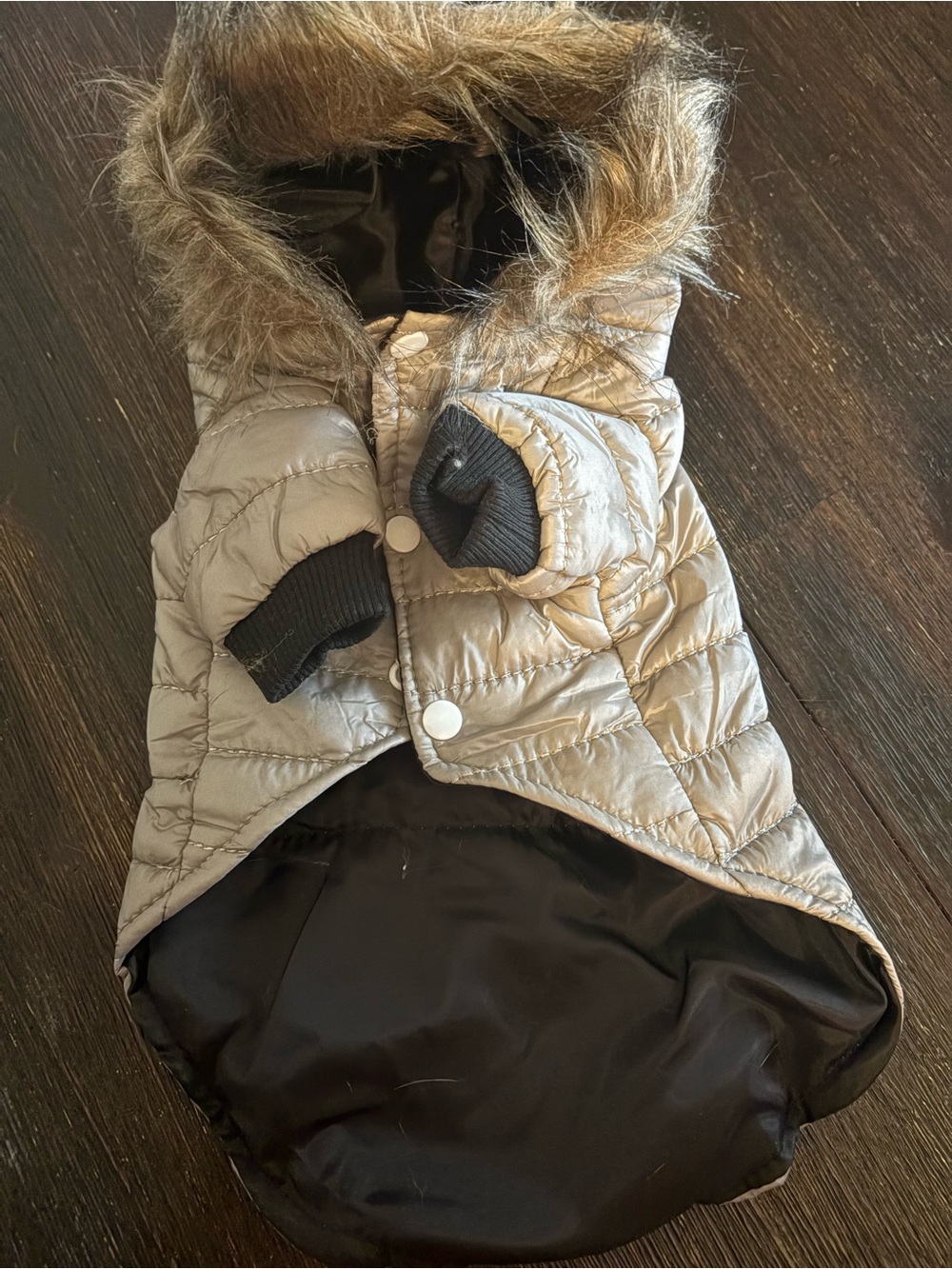 Metallic Silver Quilted Dog Coat with Faux Fur Hood